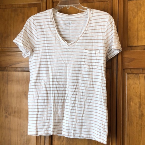 Universal Thread White Tan Stripe V-neck Tee Small - Picture 1 of 5
